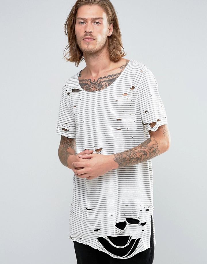 Asos Super Longline T-shirt With Heavy Distress In Ecru/gray - Gray