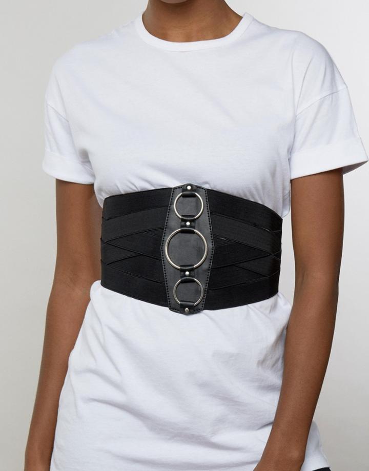 Asos Wide Elasticated Waist Belt With Ring Detail - Black