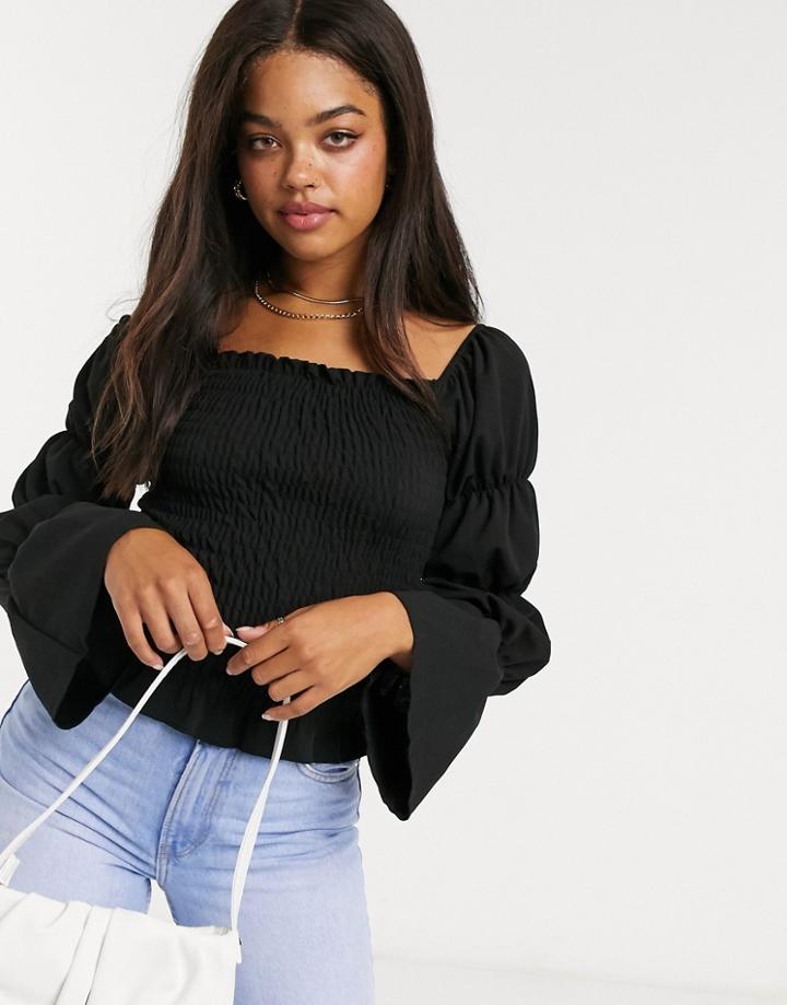New Look Shirred Sleeve Top In Black