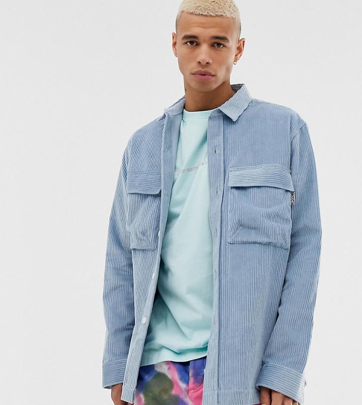 Crooked Tongues Oversized Long Sleeve Shirt In Cord - Blue