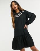 & Other Stories Embroidered Detail Mini Smock Dress In Black
