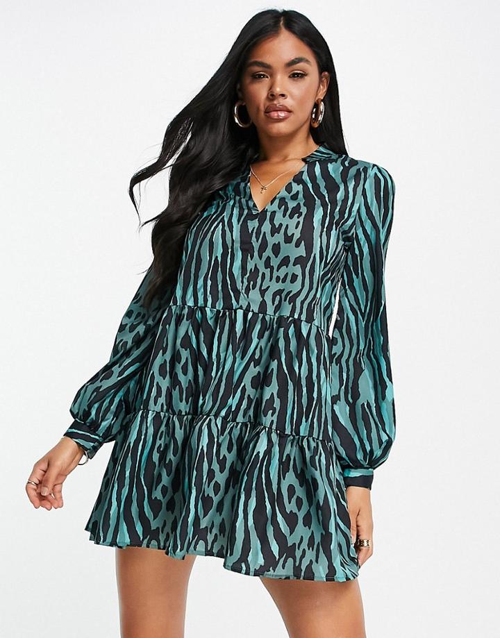 Naanaa Mini Swing Dress In Green Mixed Animal-multi