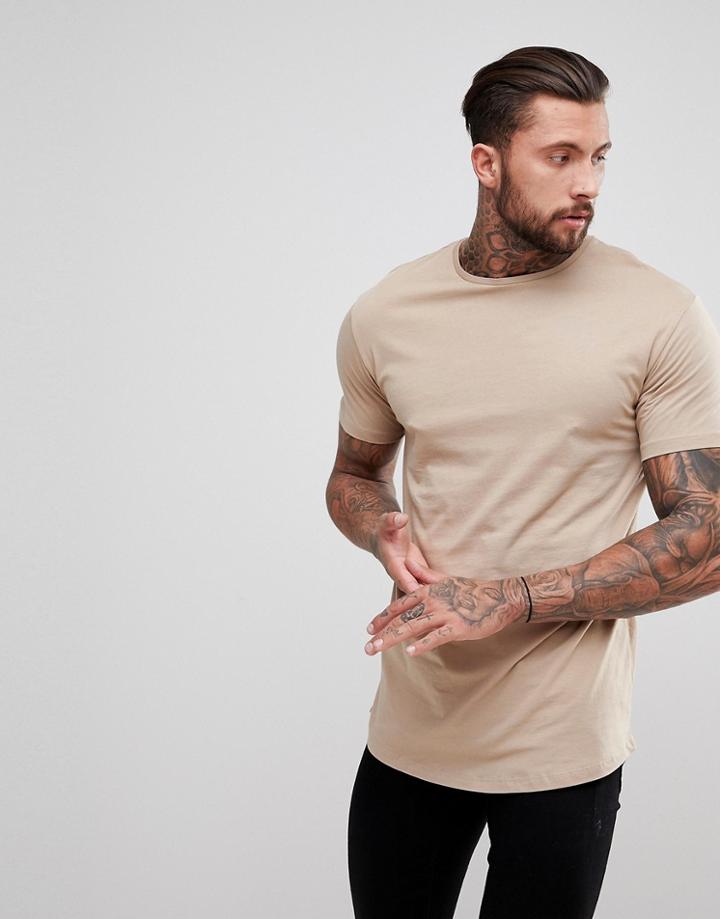 Bershka Longline T-shirt In Nude - Beige