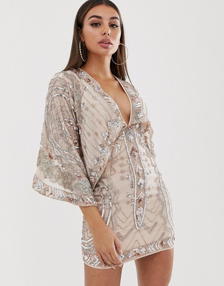 Asos Design Mini Dress With Kimono Sleeve Embellished Cape - Brown