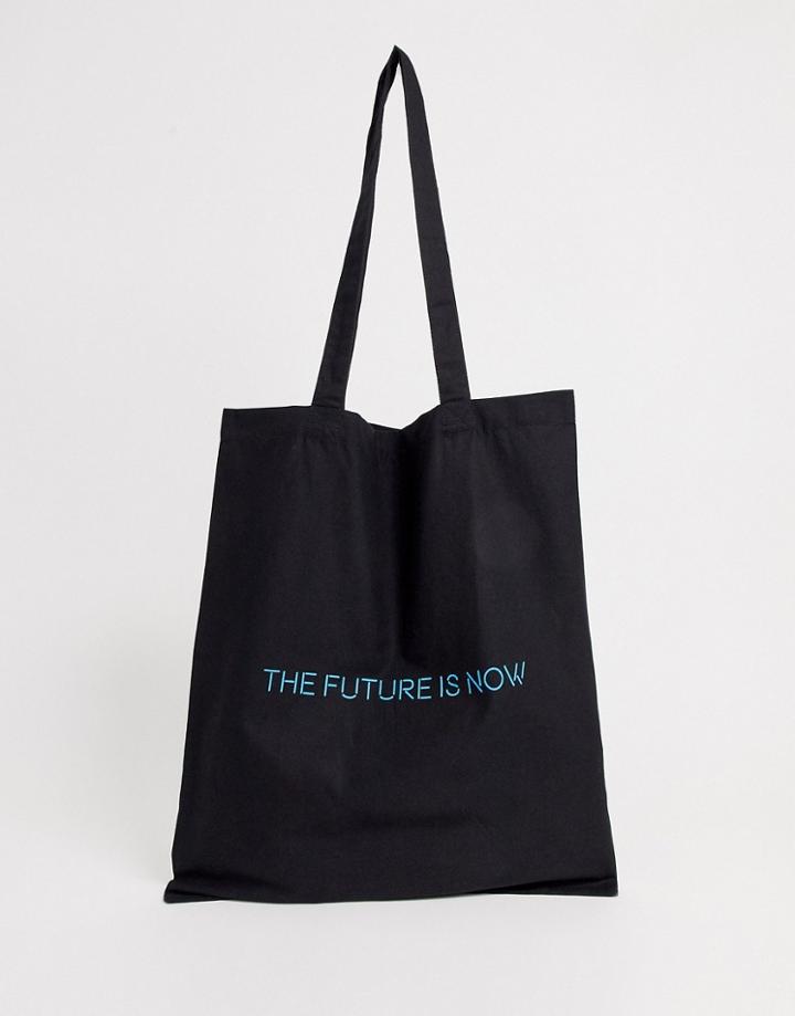 Asos Design Organic Cotton Tote Bag In Black With 'the Future Is Now' Neon Print