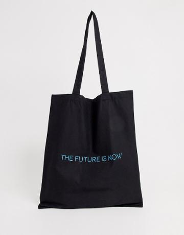 Asos Design Organic Cotton Tote Bag In Black With 'the Future Is Now' Neon Print