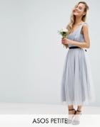 Asos Petite Wedding Mesh Midi Dress With Ribbon Strapping Detail - Blue