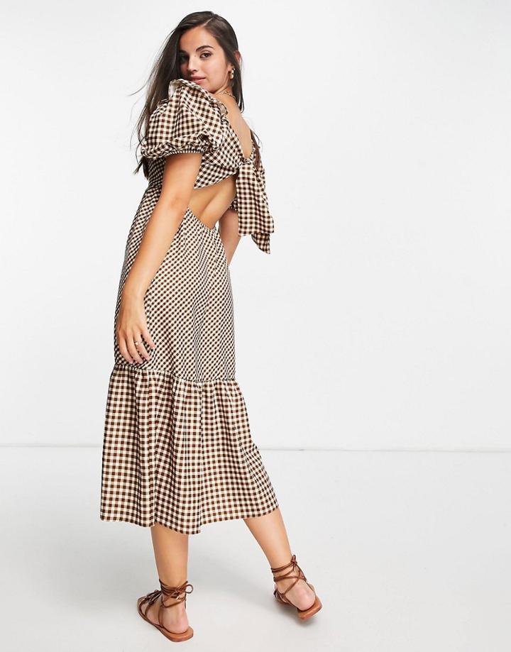 Miss Selfridge Tie Back Midi Dress In Gingham Mix-brown