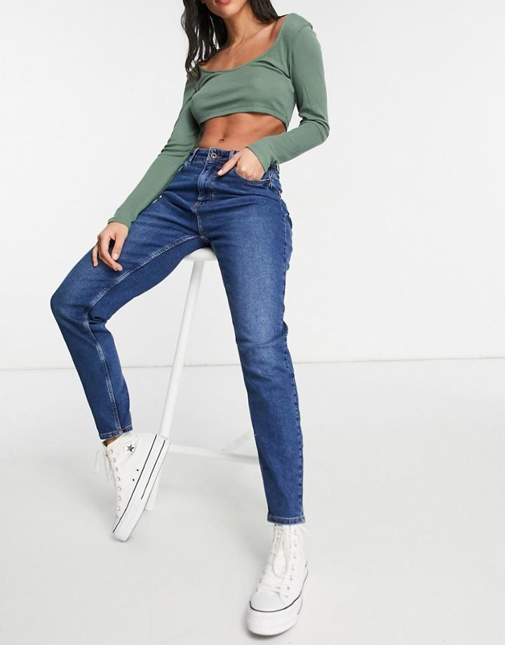 Pieces High Waisted Mom Jean In Mid Blue-blues