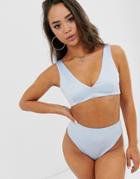 Asos Design Mix And Match Shiny Bandage V Front Crop Bikini Top In Ice Blue - Blue