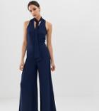 John Zack Tall Tie Neck Wide Leg Jumpsuit In Navy - Yellow