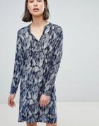 Ichi Printed Collarless Shirt Dress - Blue