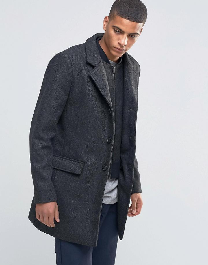 Selected Homme Herringbone Overcoat With Detachable Lining - Black