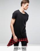 Asos Tall Extreme Longline T-shirt With Shredded Check Hem Extender - Black