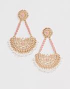Asos Design Earrings With Cut Out Filigree Drop And Pink Stones In Gold Tone