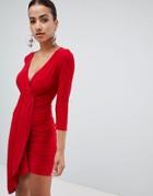 Club L Long Sleeve Wrap V Plunge Draped Dress - Red