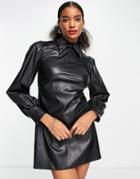 Flounce London Faux Leather Mini Dress With Collar And Puff Sleeves In Black