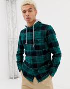 Pull & Bear Check Over Shirt With Jersey Hood - Green
