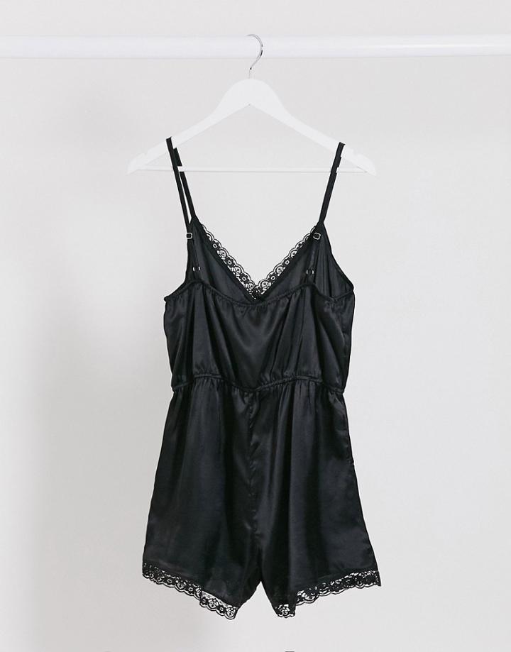 Brave Soul Satin V Neck Loungesuit With Lace Trim-black