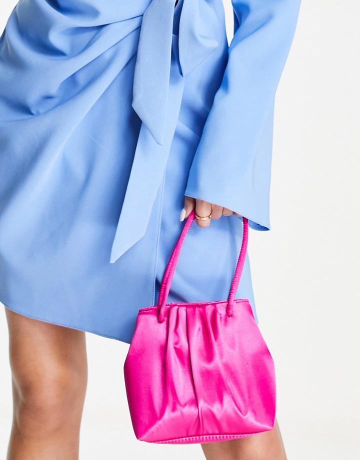 Asos Design Ruched Satin Grab Bag With Detachable Crossbody Strap In Bright Pink