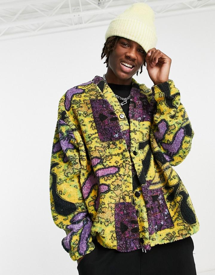 Asos Design Oversized Cardigan In Fleece With All Over Print-multi