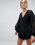 Asos Longline Blouse In Dobby Lace Mix - Black