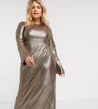 Verona Curve Maxi Dress With Drape Wrap Front In Silver Glitter