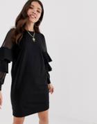 Asos Design Sweat Dress With Mesh Frill Sleeve - Black