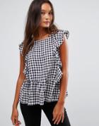 Qed London Gingham Frill Top - Navy