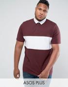 Asos Plus Longline Rugby Polo Shirt In Oxblood With Contrast Panel - Red