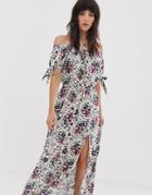 Band Of Gypsies Off Shoulder Maxi Dress With Tie Sleeves In White Floral Print - White