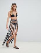Asos Design Slinky Fringed Knotted Beach Sarong Skirt In Mono - Multi