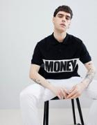 Money Block Short Sleeve Polo Shirt In Black With Contrast Panel - Black