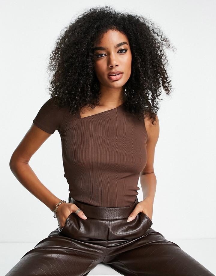 River Island Short Sleeve Extreme Cut Out Top In Brown