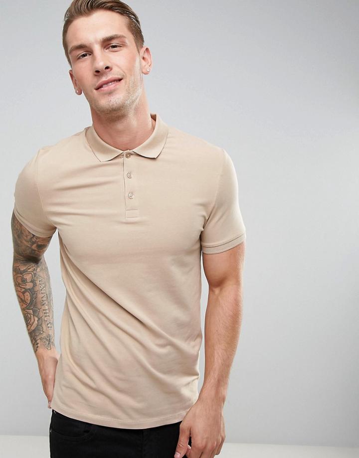 Asos Muscle Fit Jersey Polo In Beige - Beige