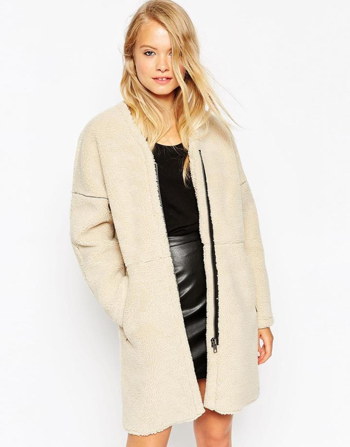 Asos Cocoon Coat In Borg - Cream