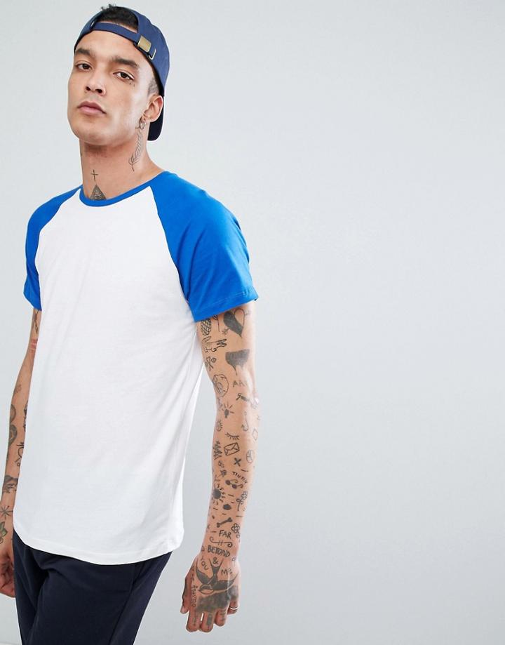 Bershka Raglan T-shirt With Blue Sleeves In White - White