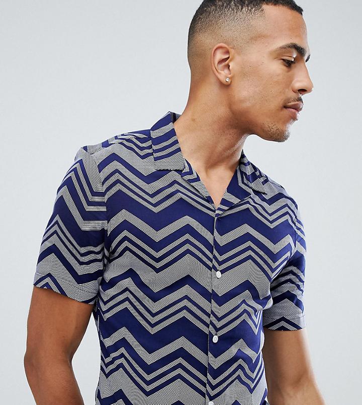 Asos Design Tall Skinny Viscose Chevron Stripe Shirt In Navy - Navy