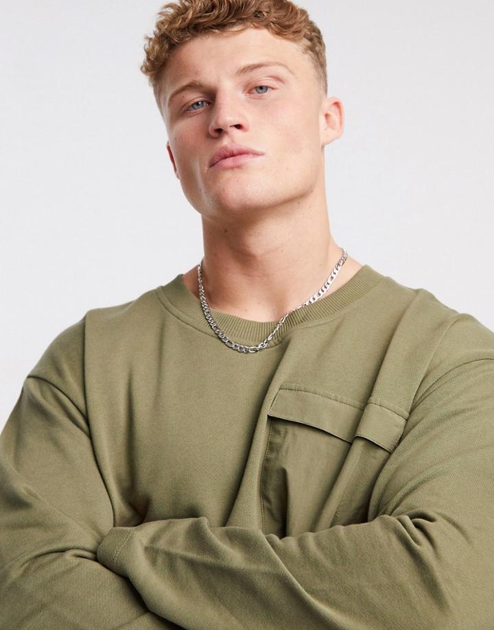 New Look Sweatshirt With Woven Pocket In Khaki-green