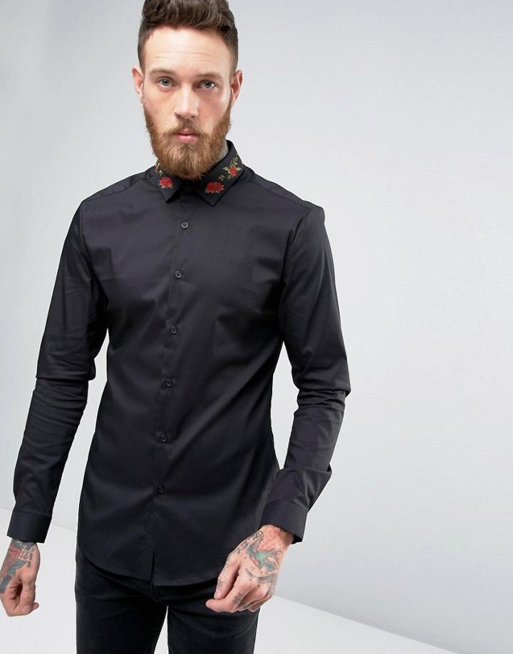 Asos Skinny Shirt With Rose Embroidered Collar - Black