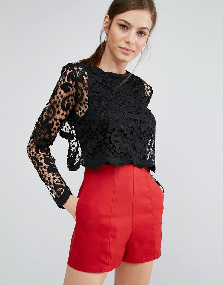 Daisy Street Romper With Lace Overlay - Black