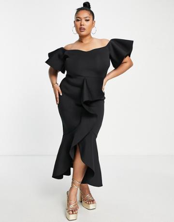 True Violet Plus Frill Front Pencil Midi Dress In Black