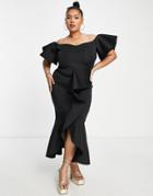 True Violet Plus Frill Front Pencil Midi Dress In Black