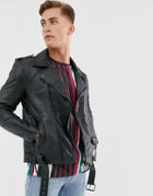 Barneys Originals Real Leather Zipped Biker Jacket With Belt-black