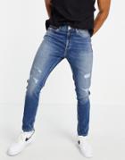 River Island Skinny Jeans With Rip & Repair In Mid Blue-blues