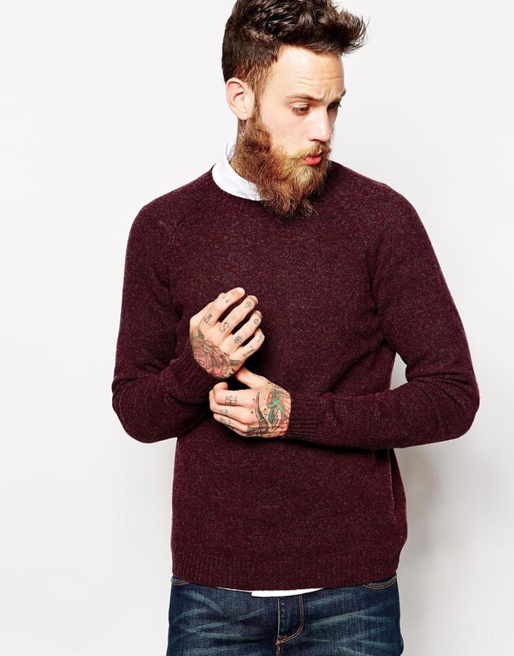 Asos Lambswool Rich Crew Neck Jumper In Burgundy - Burgandy