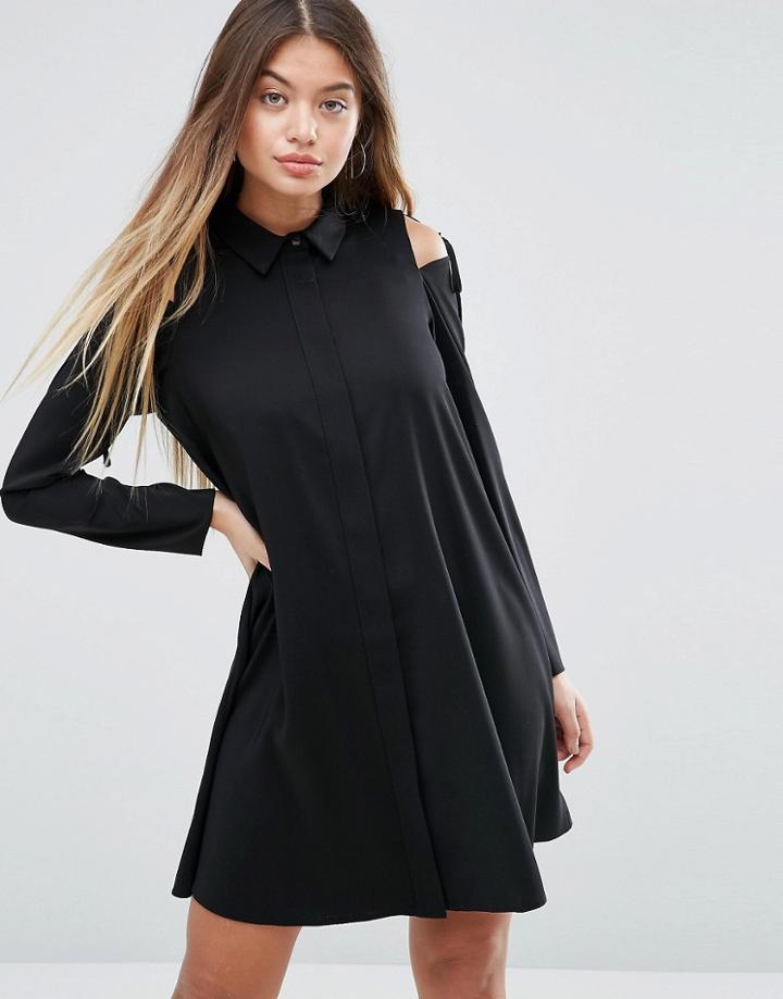 Asos Cold Shoulder Shirt Dress With Tie Detail - Black