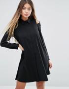 Asos Cold Shoulder Shirt Dress With Tie Detail - Black