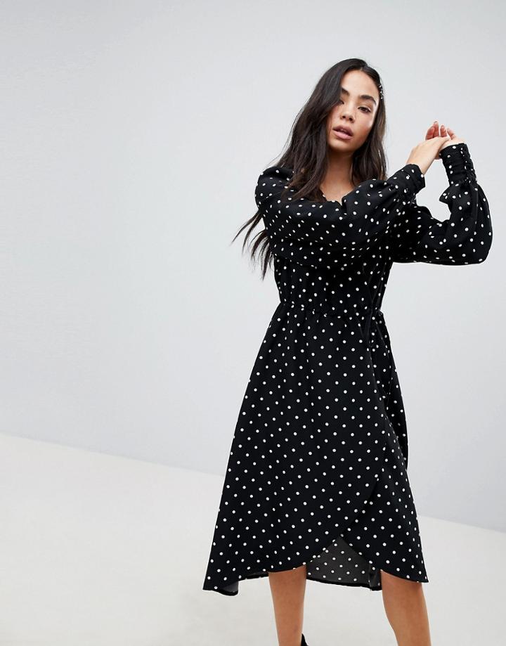Monki Polka Dot Wrap Front Dress - Black