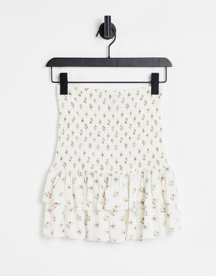 Miss Selfridge Shirred Mini Skirt In Ivory Stamp Print-white